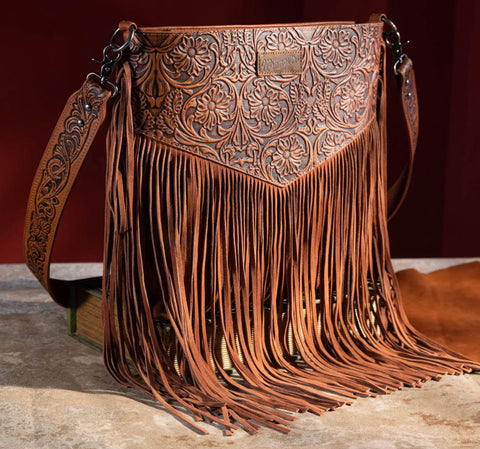 Wrangler Vintage Floral Embossed Fringe Concealed Carry Oversize Crossbody/Shoulder Bag - Brown