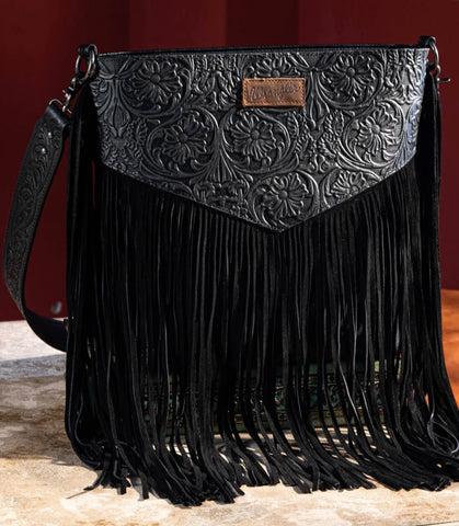 Wrangler Vintage Floral Embossed Fringe Concealed Carry Oversize Crossbody/Shoulder Bag - Black