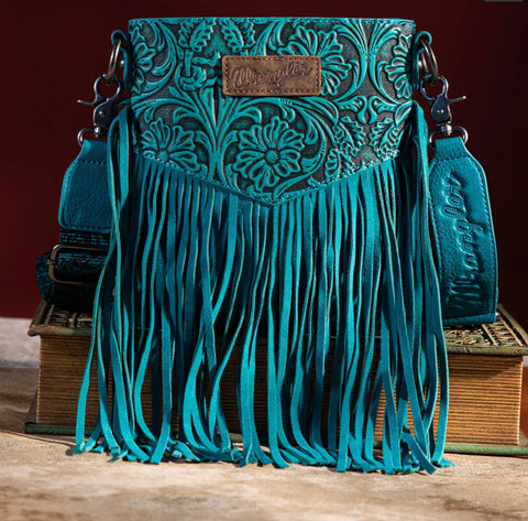 Wrangler Vintage Floral Embossed Fringe Crossbody- Turquoise