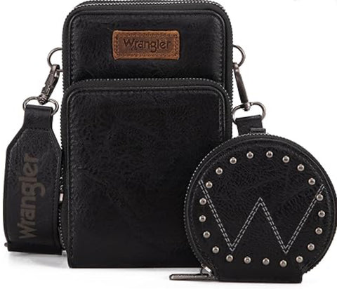 WG117-207 Wrangler Crossbody Cell Phone Purse 3 Zippered Compartment with Coin Pouch - Black