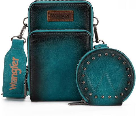 WG117-207 Wrangler Crossbody Cell Phone Purse 3 Zippered Compartment with Coin Pouch - Turquoise