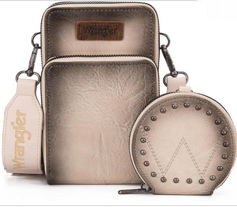 WG117-207 Wrangler Crossbody Cell Phone Purse 3 Zippered Compartment with Coin Pouch -Tan