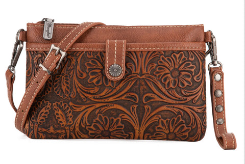 WG85-181 Wrangler Vintage Floral Tooled Collection Crossbody - Brown