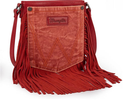 WG44-8360 Wrangler Leather Fringe Jean Denim Pocket Crossbody - Orange