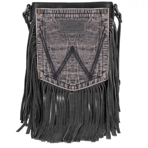 WG44-8360 Wrangler Leather Fringe Jean Denim Pocket Crossbody - Light Black