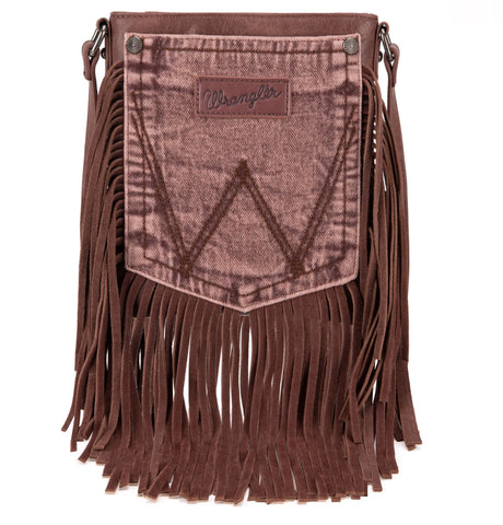 WG44-8360 Wrangler Leather Fringe Jean Denim Pocket Crossbody - Light Coffee