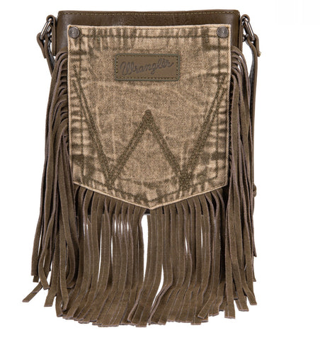 WG44-8360 Wrangler Leather Fringe Jean Denim Pocket Crossbody - Green