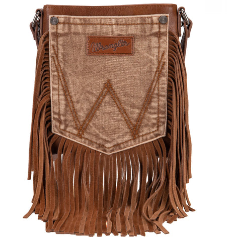 WG44-8360 Wrangler Leather Fringe Jean Denim Pocket Crossbody -Light Brown