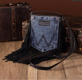 WG44-8360 Wrangler Leather Fringe Jean Denim Pocket Crossbody -Black