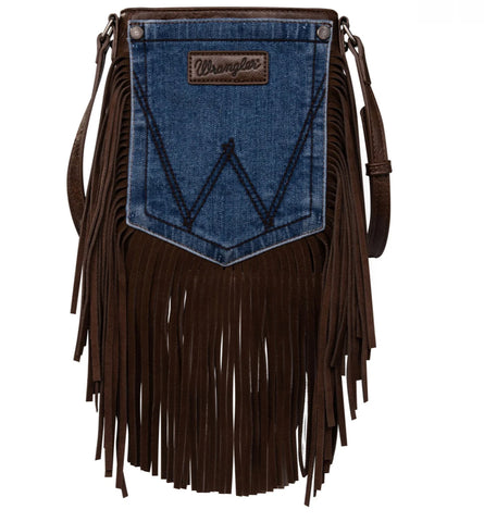 WG44-8360 Wrangler Leather Fringe Jean Denim Pocket Crossbody -Coffee