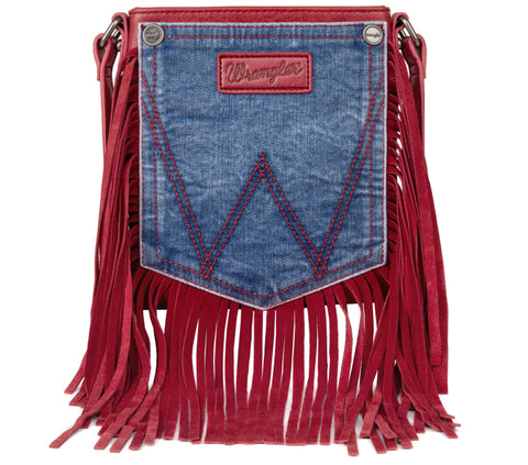 WG44-8360 Wrangler Leather Fringe Jean Denim Pocket Crossbody - Red