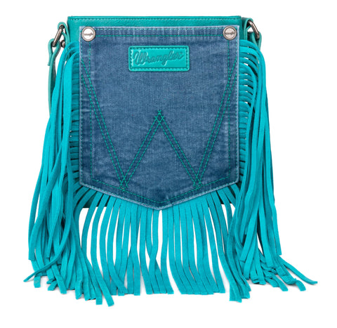 WG44-8360 Wrangler Leather Fringe Jean Denim Pocket Crossbody -Turquoise