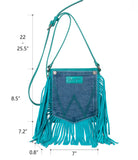 WG44-8360 Wrangler Leather Fringe Jean Denim Pocket Crossbody -Turquoise