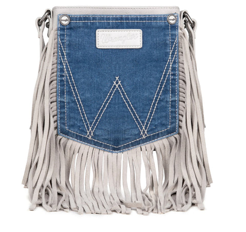 WG44-8360 Wrangler Leather Fringe Jean Denim Pocket Crossbody -White