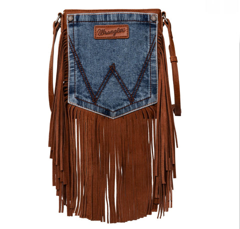 WG44-8360 Wrangler Leather Fringe Jean Denim Pocket Crossbody -Brown