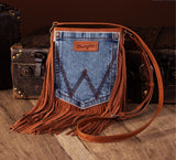 WG44-8360 Wrangler Leather Fringe Jean Denim Pocket Crossbody -Brown