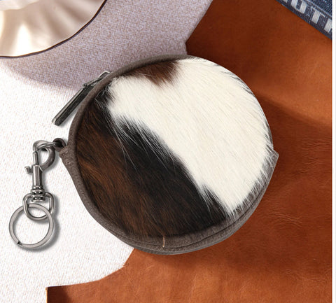 WG116-002 Wrangler Genuine Hair On Cowhide Circular Coin Pouch Bag Charm -Coffee