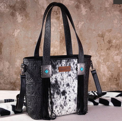 WG66-2001 Wrangler Hair-On Cowhide Vintage Floral Concealed Carry Tote/Crossbody - Black