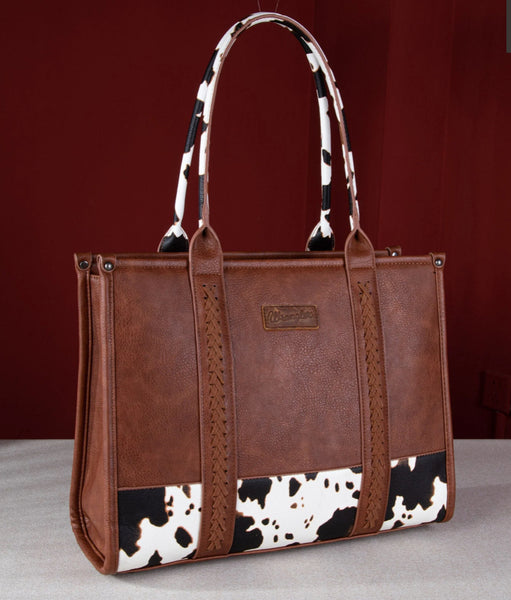 WG102-8119 Wrangler Cow Print Concealed Carry Wide Tote -Brown